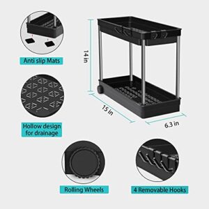 [Upgrade Wheels] 2 Packs Under Sink Organizers and Storage, Durmmur Multi-Purpose 2 Tier Bathroom Organization Countertop or Undersink Shelf, Kitchen Under Cabinet Container Basket Caddy with Hooks