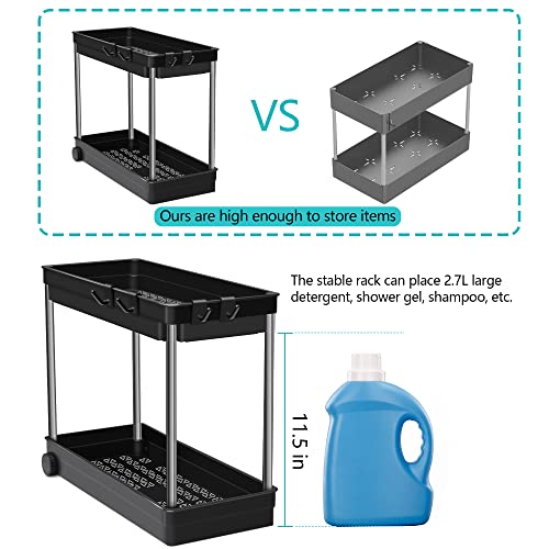 [Upgrade Wheels] 2 Packs Under Sink Organizers and Storage, Durmmur Multi-Purpose 2 Tier Bathroom Organization Countertop or Undersink Shelf, Kitchen Under Cabinet Container Basket Caddy with Hooks