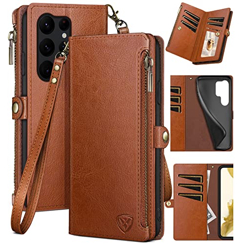 XcaseBar for Samsung Galaxy S23 Ultra Wallet case with Zipper【RFID Blocking】Credit Card Holder, Flip Folio Book PU Leather Phone case Shockproof Cover Women Men for Samsung S23Ultra case Light Coffee