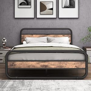 albearing queen size bed frame with wooden headboard and footboard, heavy duty oval-shaped platform bed with under-bed storage, steel slats mattress foundation round pipe design，brown