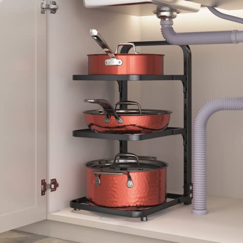 AJSWISH Pots and Pans Organizer for Cabinet, Heavy Duty Pot Organizer Rack for Under Cabinet, Adjustable and Snap-on Pot Rack for Kitchen Organization & Storage- 3 Tier