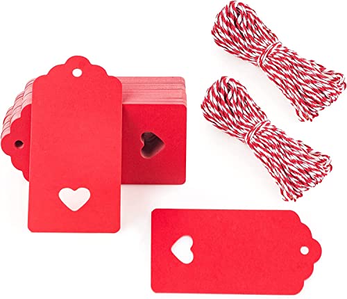 Gift Tags,100 PCS Red Kraft Paper Gift Tags with Free 100ft(30m) String for Christmas Holiday Gifts Wedding Favors Art Craft