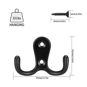 YOUYIDUN 10 Pcs Double Prong Coat Hooks, Heavy Duty Metal Robe Hooks, Black Retro Wall Mounted Clothes Utility Hooks with Screws for Hanging Robe Towels Bags Hats Scarf Key Clothes Coat Hooks