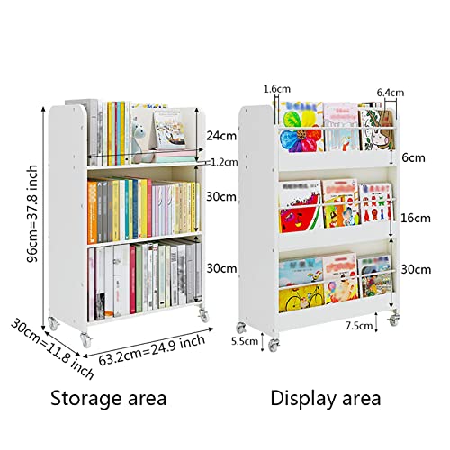 Bookshelf, 3-Tier Mobile Book Shelf, Large Capacity Display and Storage Bookcase, Double-Sided Use, Bookshelves for Living Room and Study Room, 63.2x30x96cm