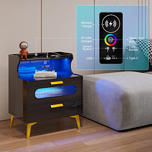 dnbss LED Nightstand with Wireless Charging Station, Modern Nightstand with LED Lights, 3 Color Dimmable Auto Sensor, Smart Bedside Table with 2 Drawers and Open Shelf, Gloss Black