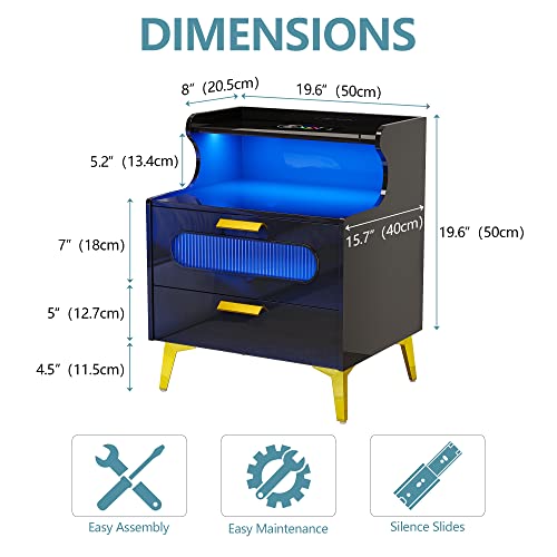 dnbss LED Nightstand with Wireless Charging Station, Modern Nightstand with LED Lights, 3 Color Dimmable Auto Sensor, Smart Bedside Table with 2 Drawers and Open Shelf, Gloss Black