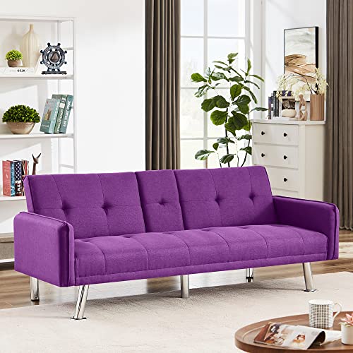 Lamerge Futon Sofa Bed,Convertible Upholstered Folding Sofa,Multi-Functional Sofa Couch for Compact Small Space,Apartment,Dorm,2 Cup Holders,72.4",Purple