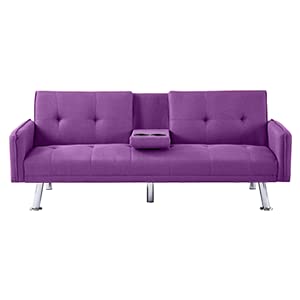 Lamerge Futon Sofa Bed,Convertible Upholstered Folding Sofa,Multi-Functional Sofa Couch for Compact Small Space,Apartment,Dorm,2 Cup Holders,72.4",Purple