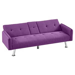 Lamerge Futon Sofa Bed,Convertible Upholstered Folding Sofa,Multi-Functional Sofa Couch for Compact Small Space,Apartment,Dorm,2 Cup Holders,72.4",Purple