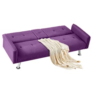 Lamerge Futon Sofa Bed,Convertible Upholstered Folding Sofa,Multi-Functional Sofa Couch for Compact Small Space,Apartment,Dorm,2 Cup Holders,72.4",Purple