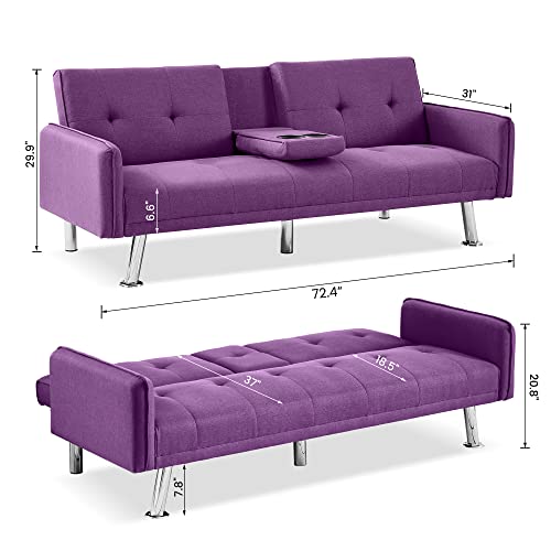 Lamerge Futon Sofa Bed,Convertible Upholstered Folding Sofa,Multi-Functional Sofa Couch for Compact Small Space,Apartment,Dorm,2 Cup Holders,72.4",Purple