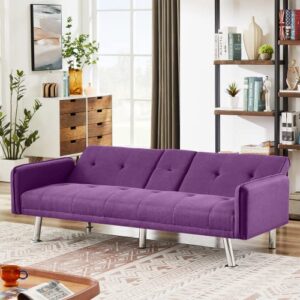 Lamerge Futon Sofa Bed,Convertible Upholstered Folding Sofa,Multi-Functional Sofa Couch for Compact Small Space,Apartment,Dorm,2 Cup Holders,72.4",Purple