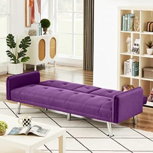 Lamerge Futon Sofa Bed,Convertible Upholstered Folding Sofa,Multi-Functional Sofa Couch for Compact Small Space,Apartment,Dorm,2 Cup Holders,72.4",Purple