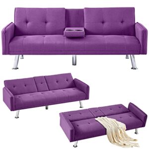 Lamerge Futon Sofa Bed,Convertible Upholstered Folding Sofa,Multi-Functional Sofa Couch for Compact Small Space,Apartment,Dorm,2 Cup Holders,72.4",Purple