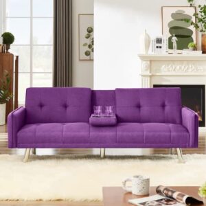 Lamerge Futon Sofa Bed,Convertible Upholstered Folding Sofa,Multi-Functional Sofa Couch for Compact Small Space,Apartment,Dorm,2 Cup Holders,72.4",Purple