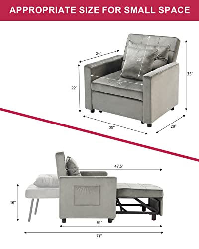 Litbird Convertible Chair Sleeper Bed, Futon Chair Turns Into Bed, Sofa Chair for Living Room, 3 in 1, Imitation Flannel, Sky Gray