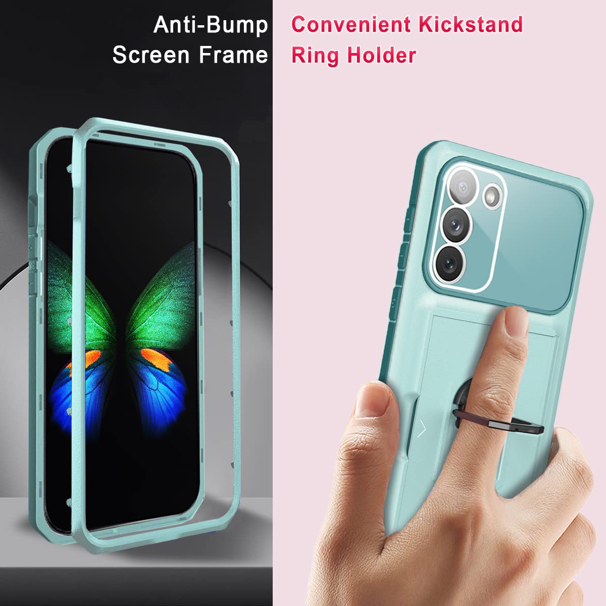 WATEFULL for Samsung Galaxy S23 Plus Case Wallet Card Holder with Kickstand Ring Holder,[Integrated Camera Cover] Samsung Galaxy S23 Plus Case Cover with Sliding Hidden Slot Shockproof Bumper(Teal)