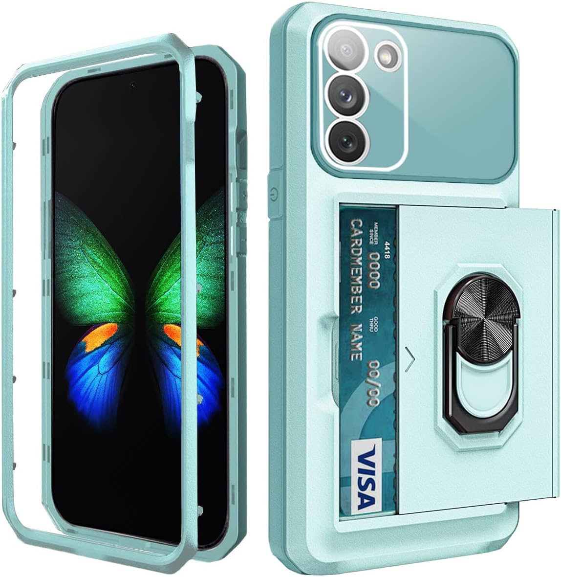 WATEFULL for Samsung Galaxy S23 Plus Case Wallet Card Holder with Kickstand Ring Holder,[Integrated Camera Cover] Samsung Galaxy S23 Plus Case Cover with Sliding Hidden Slot Shockproof Bumper(Teal)