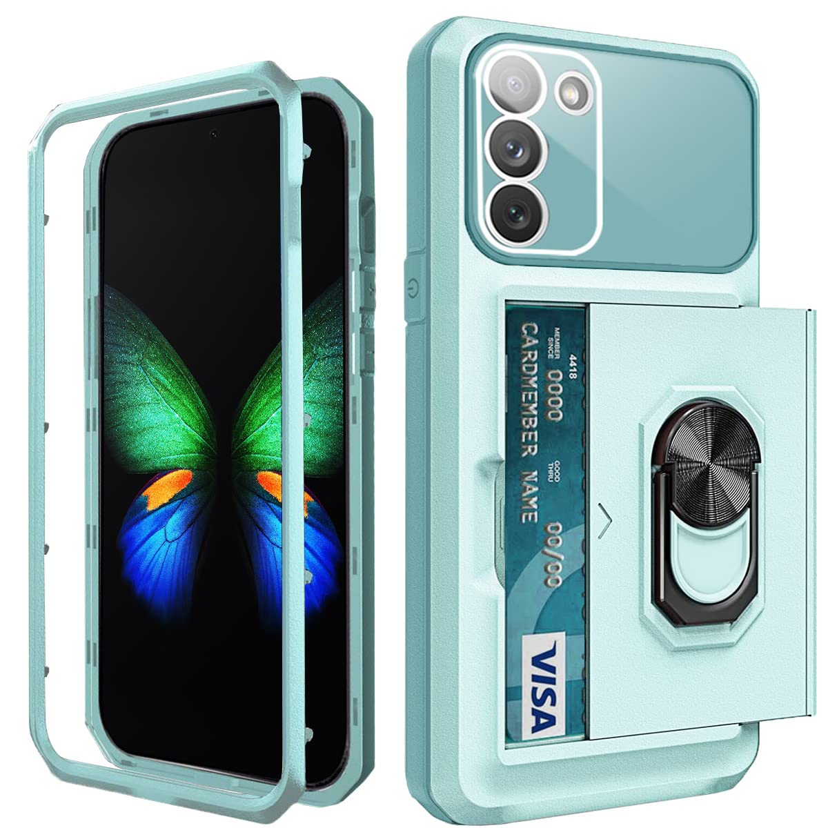 WATEFULL for Samsung Galaxy S23 Plus Case Wallet Card Holder with Kickstand Ring Holder,[Integrated Camera Cover] Samsung Galaxy S23 Plus Case Cover with Sliding Hidden Slot Shockproof Bumper(Teal)