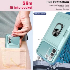 WATEFULL for Samsung Galaxy S23 Plus Case Wallet Card Holder with Kickstand Ring Holder,[Integrated Camera Cover] Samsung Galaxy S23 Plus Case Cover with Sliding Hidden Slot Shockproof Bumper(Teal)