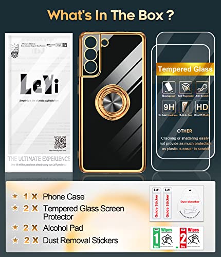 LeYi for Samsung Galaxy S21 FE 5G Case: with Tempered Glass Screen Protector [2 Pack] 360° Rotatable Ring Holder Magnetic Kickstand, Plating Rose Gold Edge Protective Case, Black