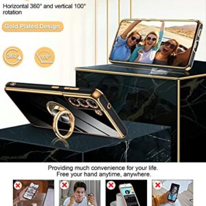LeYi for Samsung Galaxy S21 FE 5G Case: with Tempered Glass Screen Protector [2 Pack] 360° Rotatable Ring Holder Magnetic Kickstand, Plating Rose Gold Edge Protective Case, Black