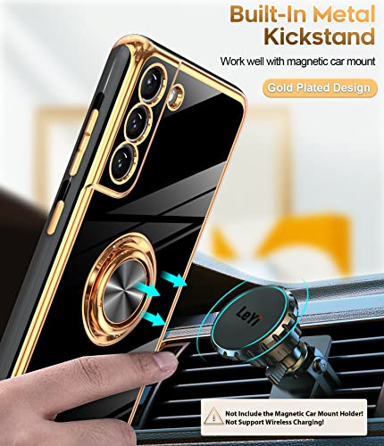 LeYi for Samsung Galaxy S21 FE 5G Case: with Tempered Glass Screen Protector [2 Pack] 360° Rotatable Ring Holder Magnetic Kickstand, Plating Rose Gold Edge Protective Case, Black