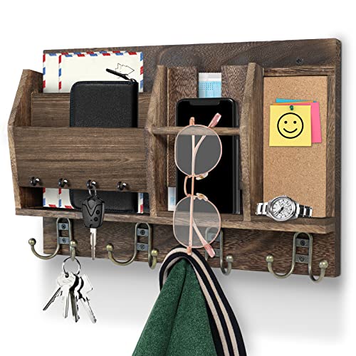 Wooden Key Holder for Wall, Mail Organizer Wall Mount with 4 Key Hooks, Wall Mounted Hanging Keys Rack with Sunglasses Storage, Rustic Home Decor for Entryway