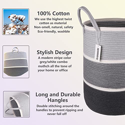 KINGSUSLAY Woven Rope Laundry Hamper,Laundry Basket,Tall Nursery Hamper for Blanket storage,Toys,Pillows Dirty Clothes in Bathroom,Bedroom,Living Room,Nursey Room(70L, Grey & White)