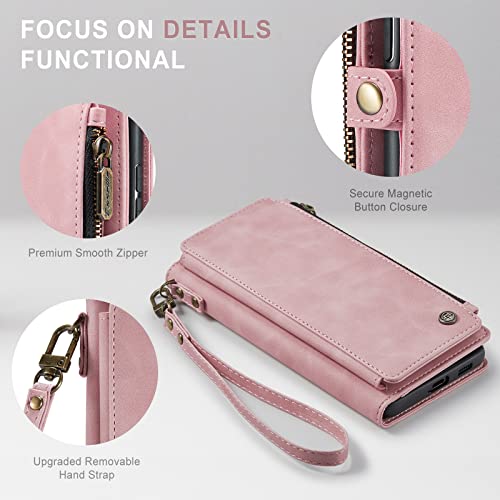 Defencase Samsung Galaxy S23 Plus/ S23+ Case, Samsung S23 Plus Wallet Case for Women Men, Fashion PU Leather Magnetic Flip Strap Zipper Card Holder Phone Case for Galaxy S23 Plus, Elegant Rose Pink