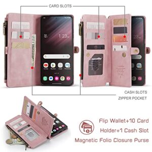 Defencase Samsung Galaxy S23 Plus/ S23+ Case, Samsung S23 Plus Wallet Case for Women Men, Fashion PU Leather Magnetic Flip Strap Zipper Card Holder Phone Case for Galaxy S23 Plus, Elegant Rose Pink