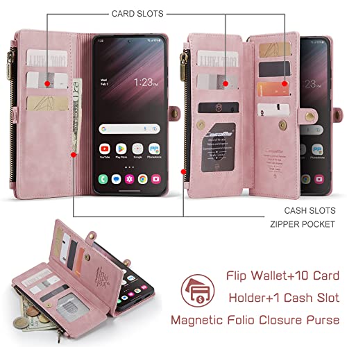 Defencase Samsung Galaxy S23 Plus/ S23+ Case, Samsung S23 Plus Wallet Case for Women Men, Fashion PU Leather Magnetic Flip Strap Zipper Card Holder Phone Case for Galaxy S23 Plus, Elegant Rose Pink