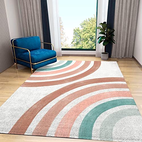 Modern Mid Century Style Kids Rugs, Boho Rainbow Geometric Stain Resistant Area Rugs, Breathable Durable Carpet, Machine Washable Mat for Bedroom Decor 6' x 9'