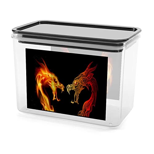 Two Dragon Heads in Fire Storage Box Plastic Food Organizer Container Canisters with Lid for Kitchen