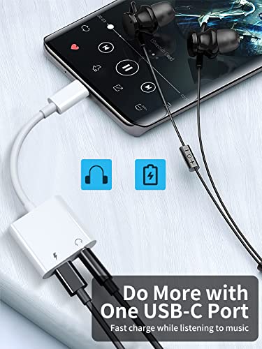 USB Type C to 3.5mm Audio Adapter, 2 in 1 Type-C to AUX Jack with Fast Charging Dongle Cable Cord, USB-C Splitter Compatible with Samsung Galaxy S23 S22 S21 S20, iPad Pro, MacBook, Google Pixel