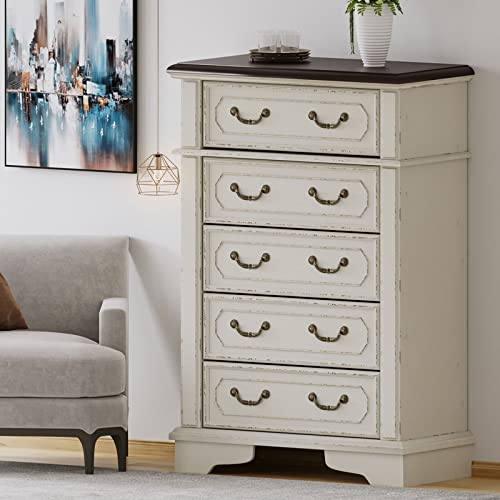 PaPaJet 5 Drawers Dresser Chests for Bedroom French Country Two Tone Chipped White