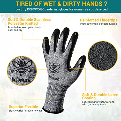 DOFOWORK 6 Pair Gardening Gloves for Women/Men, Breathable Natural Latex Garden Gloves with Grip, Outdoor Protective Working Gloves for Weeding, Raking and Pruning - Black & Green