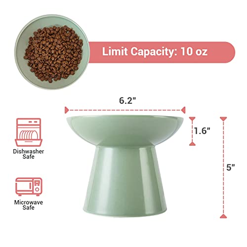 CEEFU Extra Wide Elevated Cat Bowls - Ceramic Cat Food Bowl 6.2" Raised Cat Food Bowls Elevated Shallow Cat Food Dish, Whisker Fatigue, Lead & Cadmium Free, 5" Good Height for Cat Feeding, Green