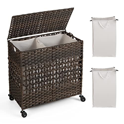 GOFLAME Laundry Hamper with Lid and Wheels, 110L Folding Synthetic Rattan Clothes Hamper with 2 Removable & Washable Liner Bags, Pulling Strap, Rolling Divided Laundry Basket for Laundry Room Bedroom