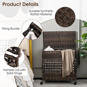 GOFLAME Laundry Hamper with Lid and Wheels, 110L Folding Synthetic Rattan Clothes Hamper with 2 Removable & Washable Liner Bags, Pulling Strap, Rolling Divided Laundry Basket for Laundry Room Bedroom