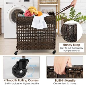 GOFLAME Laundry Hamper with Lid and Wheels, 110L Folding Synthetic Rattan Clothes Hamper with 2 Removable & Washable Liner Bags, Pulling Strap, Rolling Divided Laundry Basket for Laundry Room Bedroom