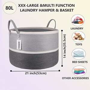 KINGSUSLAY Woven Rope Laundry Hamper,21x14Inch Laundry Basket,Wide Nursery Hamper for Blanket storage,Toys,Pillows, Extra Large Hampers for Laundry and Easter Basket(80L,Grey with White)