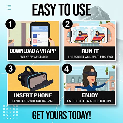 VR Headset for Android Phone - with Built-in Action Button | Virtual Reality Goggles for 4.7”-6.5” Cellphone - Best Set Glasses | Gift for Kids and Adults for Experiencing VR - Light Blue