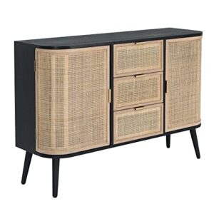 benjara dana 47 inch wood sideboard cabinet, 3 drawers, rattan doors, modern, brown and black