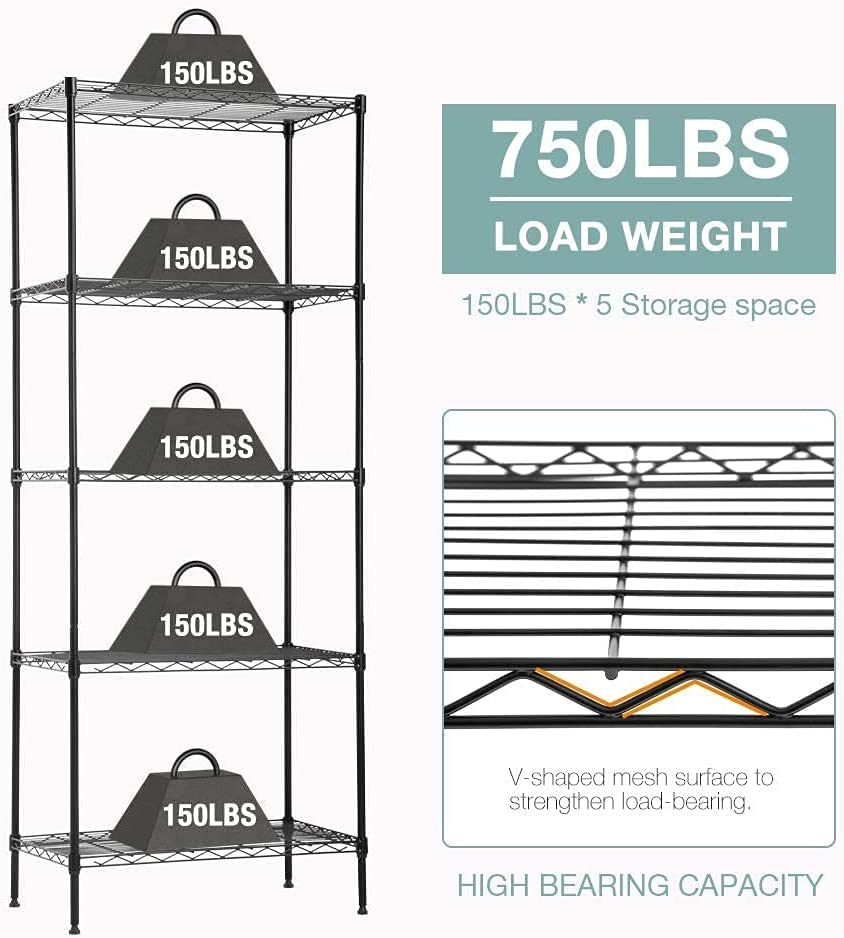 Mini Adjustable 5-Tier Black Wire Shelving, MGHH Cable Rack Mini Shelving Unit Storage Unit Metal Rack