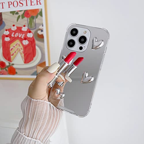 Shinymore iPhone 13 Pro Mirror Case Flexible Cute Heart Soft Silicone Clear Makeup Mirror Women Girls Shockproof Protect Cover Case for iPhone 13 Pro