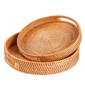 fiyammy large round rattan serving tray set of 2, woven tray with handles serving basket wicker fruit bread serving basket for coffee table(13.8in x 2.8in；11.8in x 2.4in)