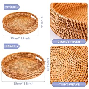 FIYAMMY Large Round Rattan Serving Tray Set of 2, Woven Tray with Handles Serving Basket Wicker Fruit Bread Serving Basket for Coffee Table(13.8in x 2.8in；11.8in x 2.4in)
