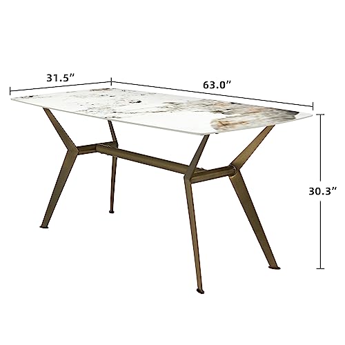 HERNEST 63" White Sintered Stone Dining Room Table for 4-6, Modern Heavy Duty Dining Table with Marble Texture Table Top and Golden Stainless Steel Legs Minimalist Kitchen Table for Living Room