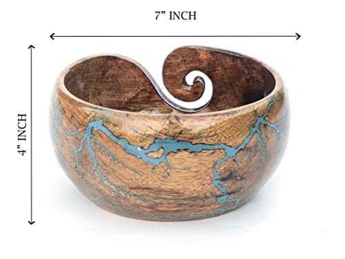 Rosewood Epoxy Resin Yarn Bowl for Multilple Uses - Lichtenberg Figure Yarn Bowl for Knitting and Crochet Holder/Yarn Storage Bowl (7"x4") (Sky-Blue)